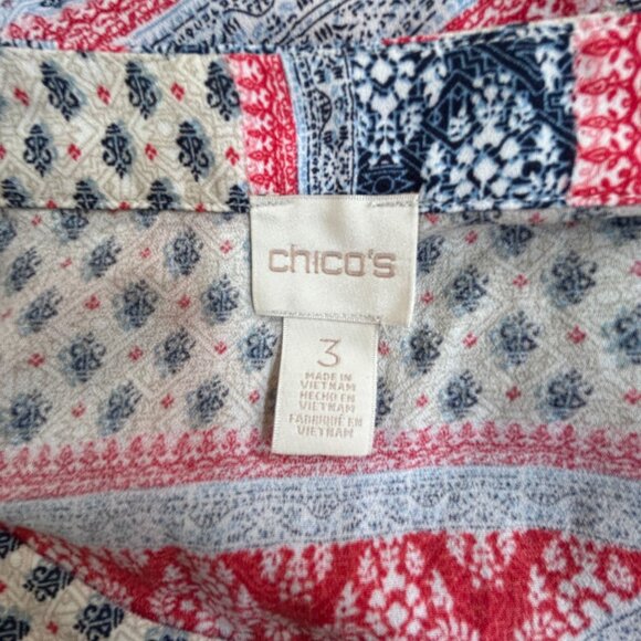 Chico's Women Mixed Print Cold Shoulder Tie-Neck Blouse Top Size 3 Red/Blue NWOT - Picture 3 of 9